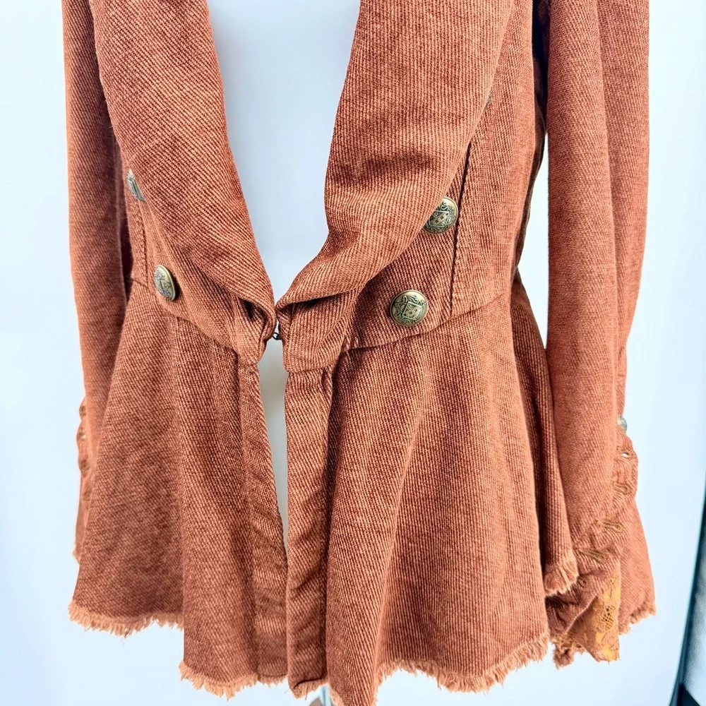 FREE PEOPLE Throwback Corduroy Jacket Lace Victorian Gothic Peplum Blazer Rust